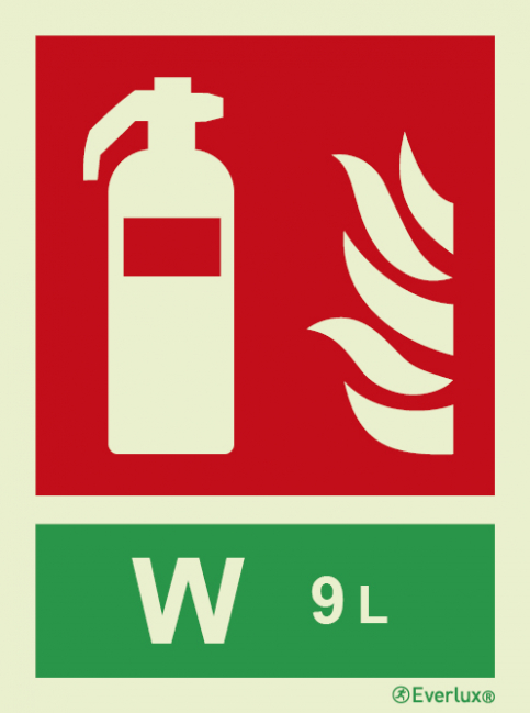 Fire extinguisher sign with integrated 9 L Water fire extinguishing agent ID sign - S 22 34