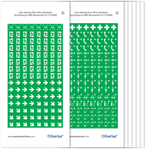 Life-saving (LSS), Means of Escape (MES), and Emergency Equipment (EES) Mini-symbols acc. to IMO Res. A.1116(30) - 5 pages with a total of 600 symbols - S 70 04