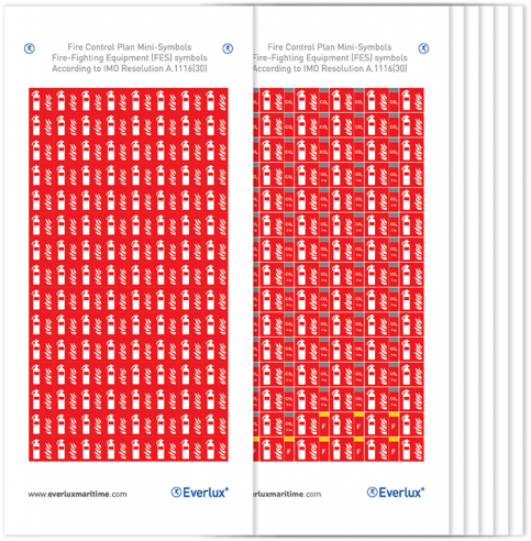 Fire-fighting Equipment (FES) Mini-symbols acc. to IMO Res. A.1116(30) - 14 pages with a total of 1400 symbols - S 70 05